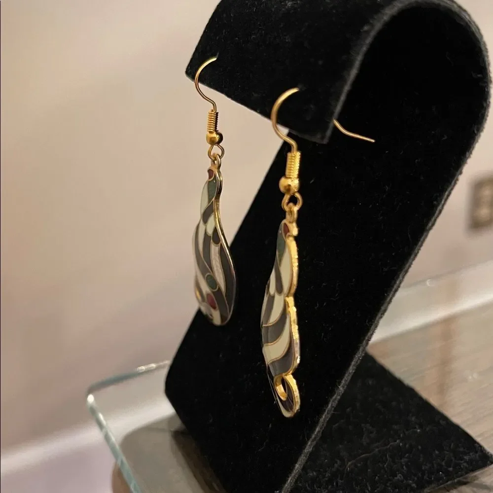 Vintage Cloisonné Black & White Striped Bird Earrings Multicolor Swirl Earrings